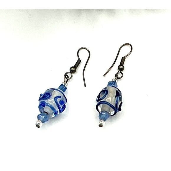 Blue & Clear Swirl Glass Bead Dangle Earrings With Silver Hooks - Picture 2 of 4